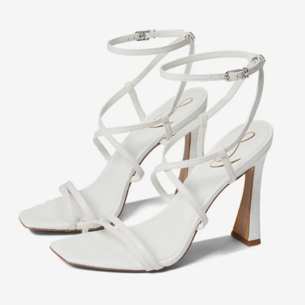 Sam Edelman | Lela Bright White Ankle Strap Squared Open Toe Heeled Sandals